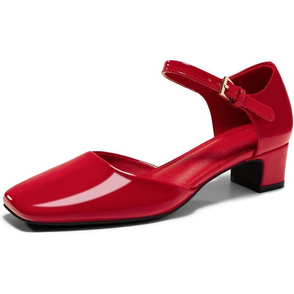Women's Red Chunky Low Heels Ankle Buckle Strap Square Toe Dress Shoes - Picture 1 of 5